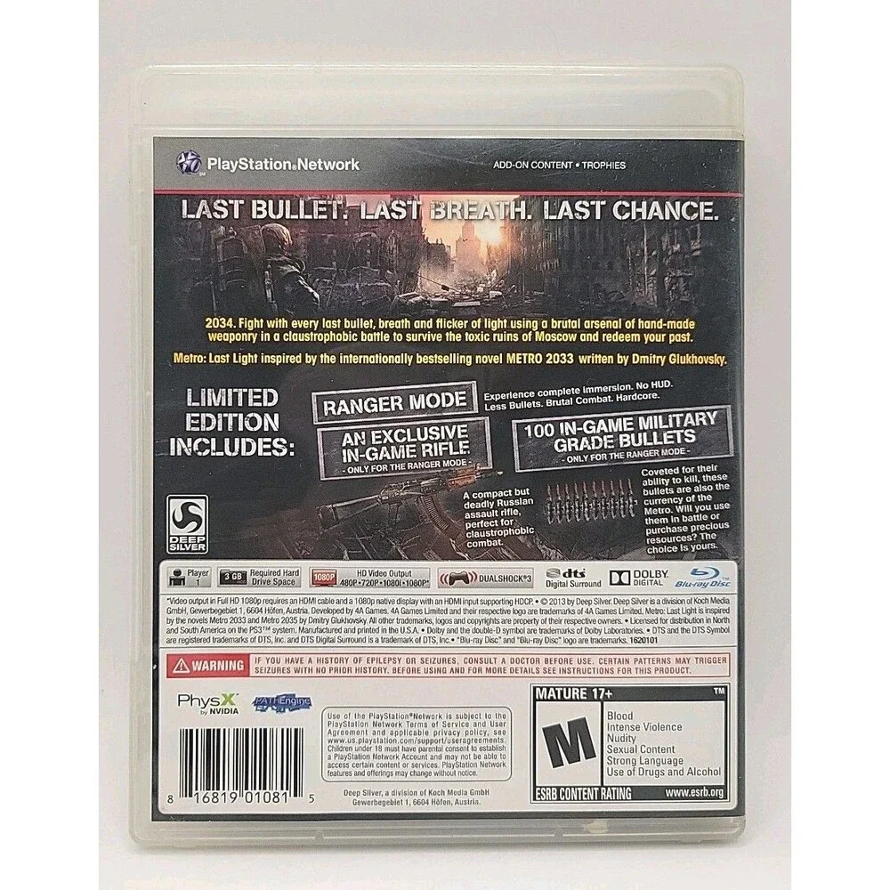 Metro: Last Light Limited Edition (Sony Playstation 3 PS3) CIB Complete Tested